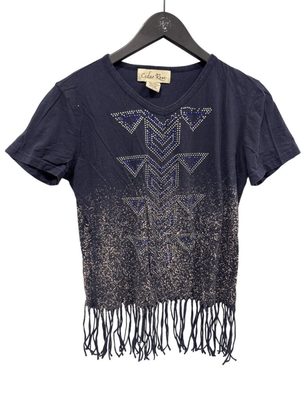Cedar Rose Top Large Studded Fringe T-Shirt V-Neck Navy Blue Boho Aztec Western